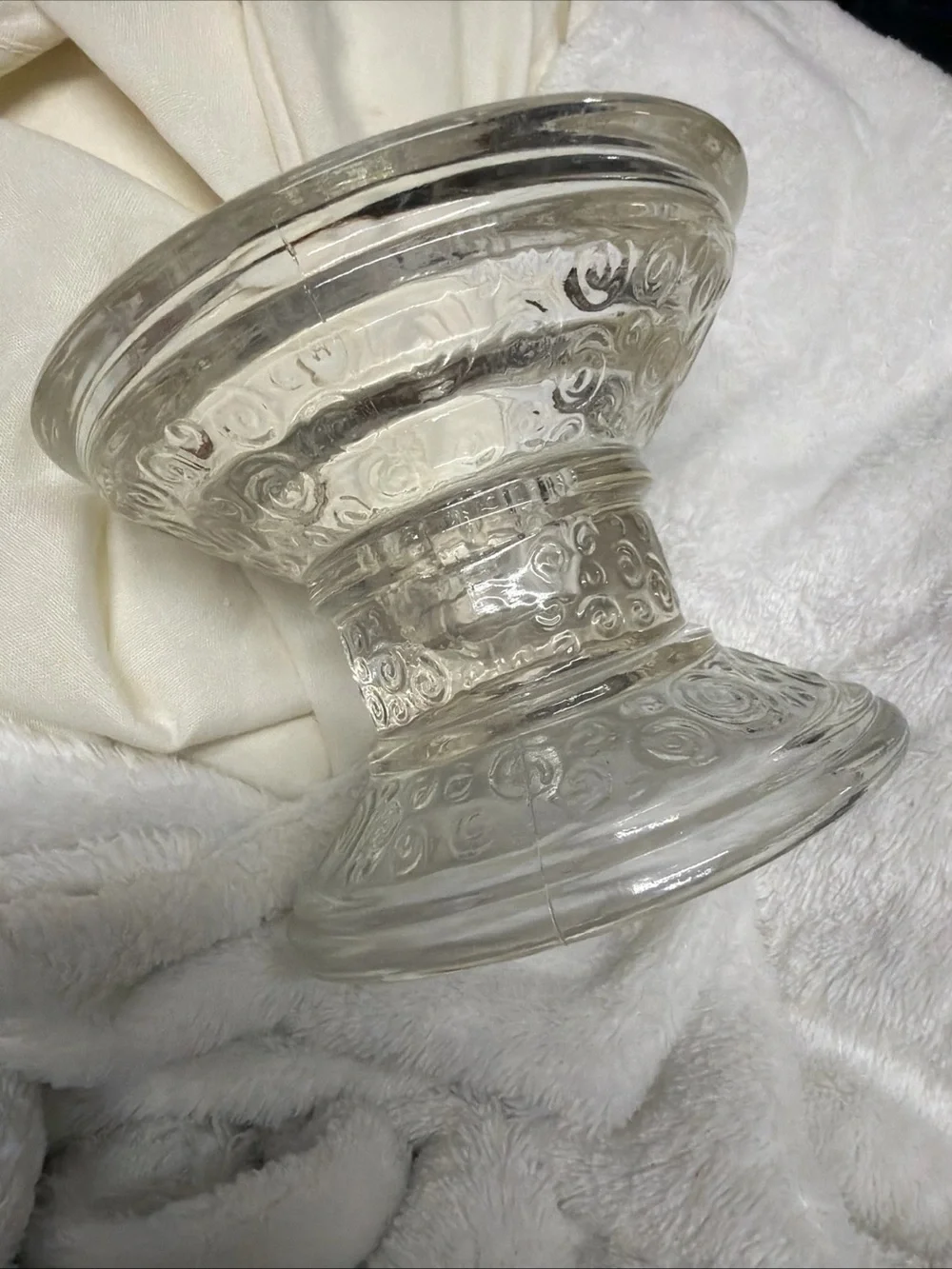 Clear Glass Pillar Candle Holder with White Taper Candle Vtg swirl